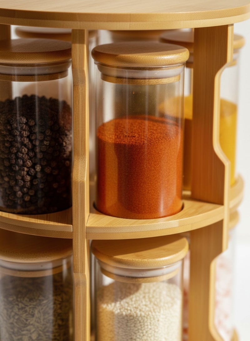 1 تشيس رف توابل دوار من الخيزران مع 10 برطمانات زجاجية - منظم مطبخ بزاوية 360 درجة (سعة كل برطمان 270 مل) - Image 2